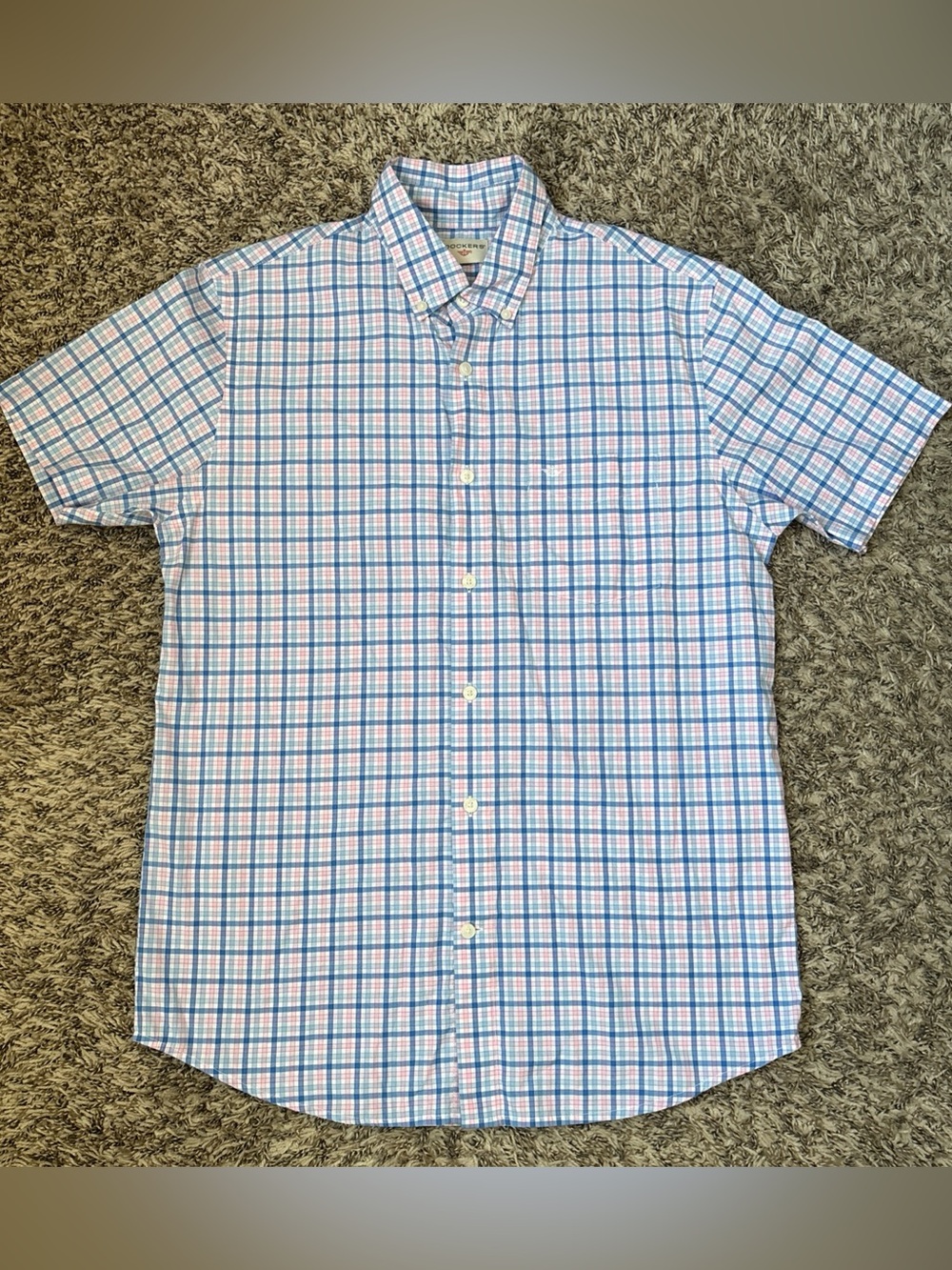 Dockers Mens Blue Pink White Plaid Button Up Shirt, Preppy, Casual, Medium